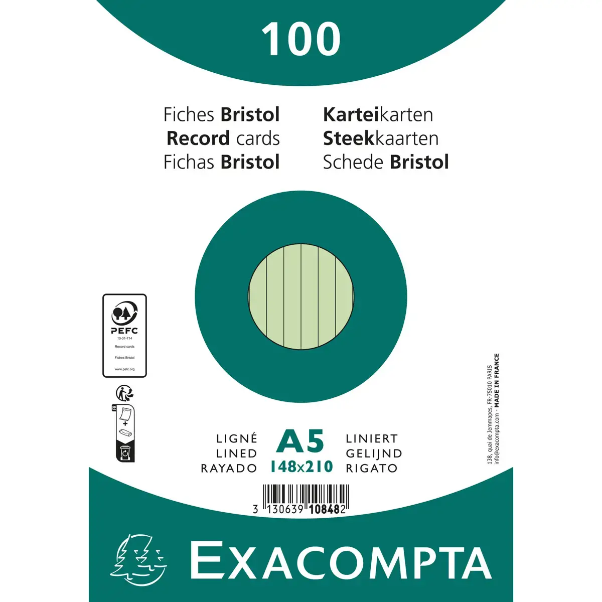 Paquet 100 fiches sous film - bristol ligné non perforé 148x210mm - Vert - EXACOMPTA