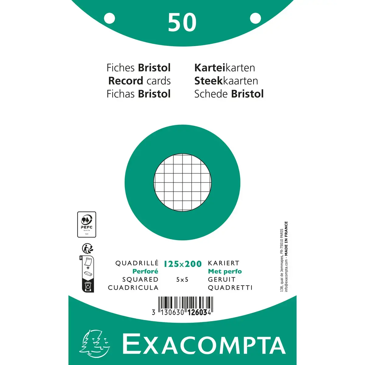 Paquet 50 fiches sous film - bristol quadrillé 5x5 perforé 125x200mm - Blanc - EXACOMPTA