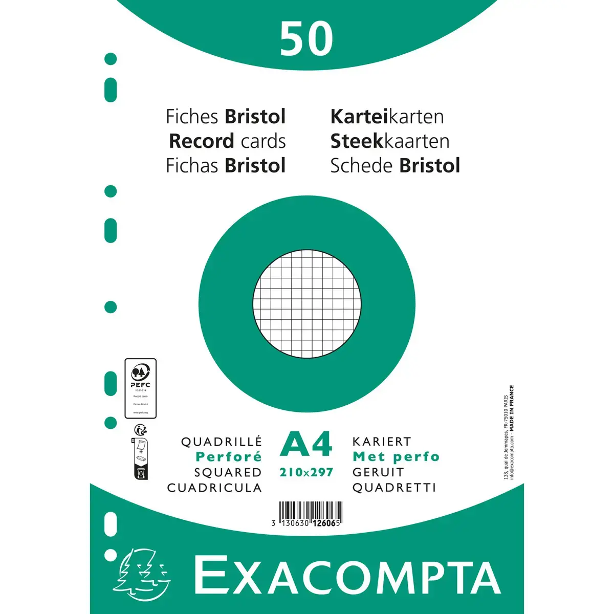 Paquet 50 fiches sous film - bristol quadrillé 5x5 perforé 210x297mm - Blanc - EXACOMPTA