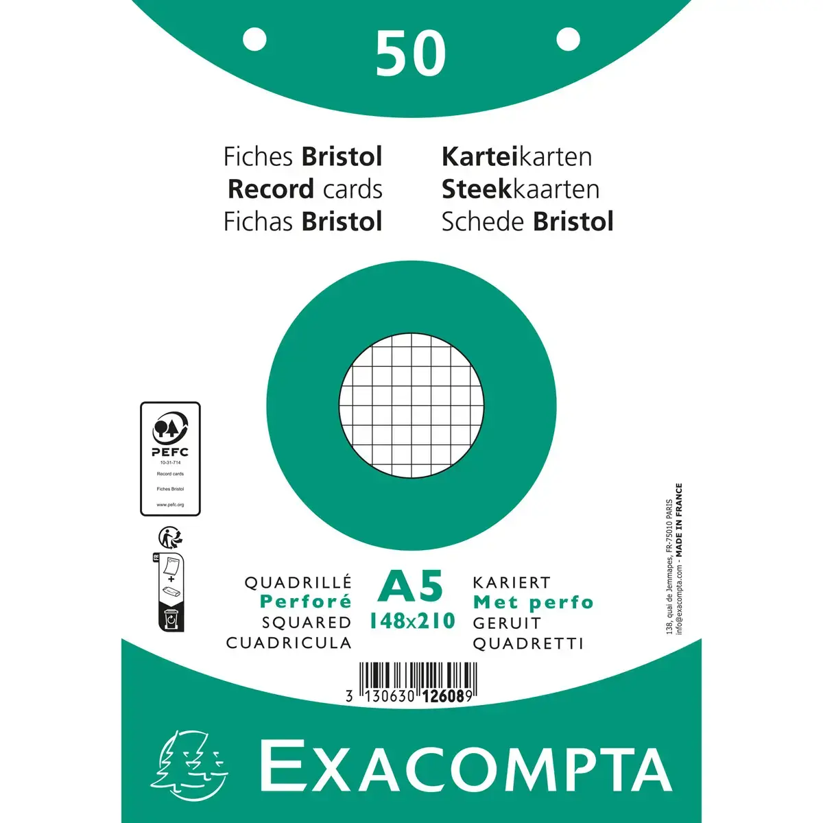 Paquet 50 fiches sous film - bristol quadrillé 5x5 perforé 148x210mm - Blanc - EXACOMPTA