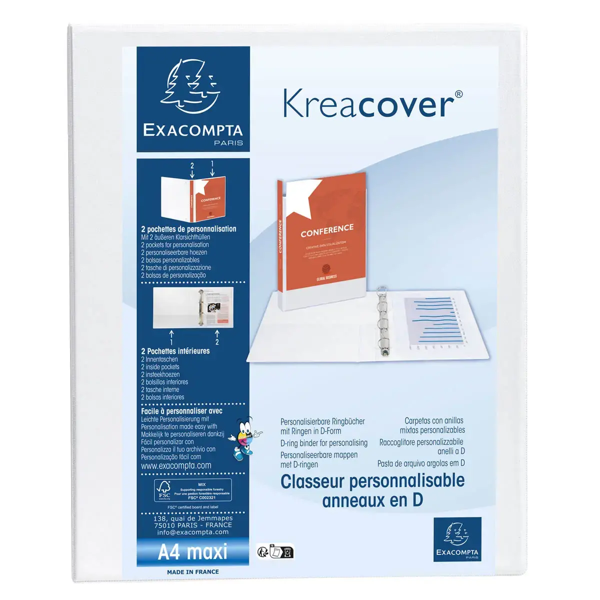 Classeur PP personnalisable Kreacover - 4 anneaux en D 25mm - A4 maxi - Blanc - EXACOMPTA 