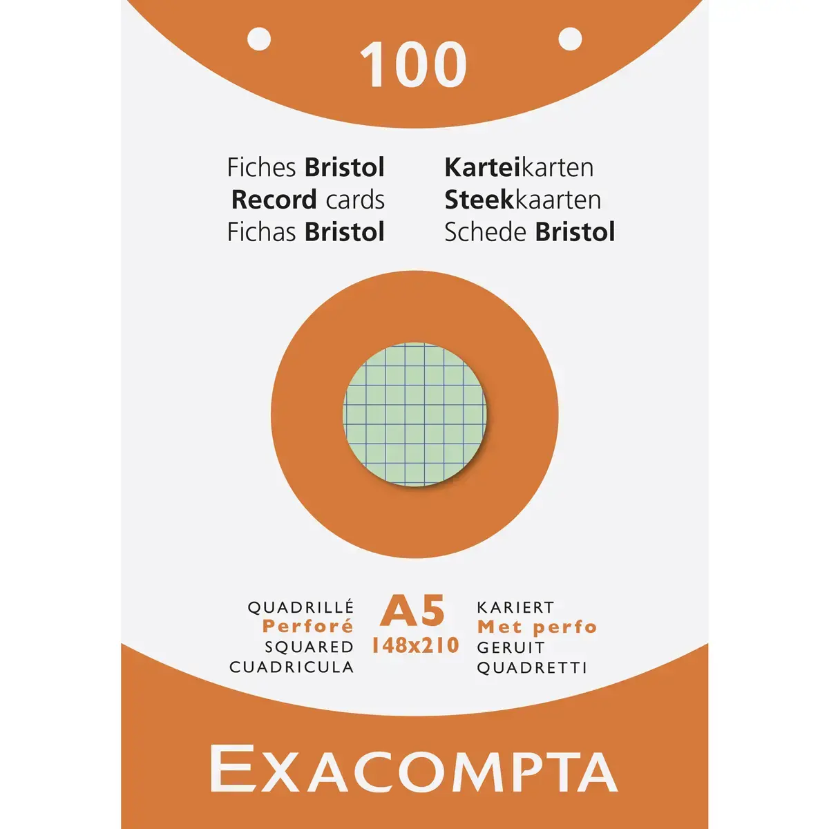 Étui de 100 fiches - bristol quadrillé 5x5 perforé 148x210mm - Couleurs assorties - EXACOMPTA