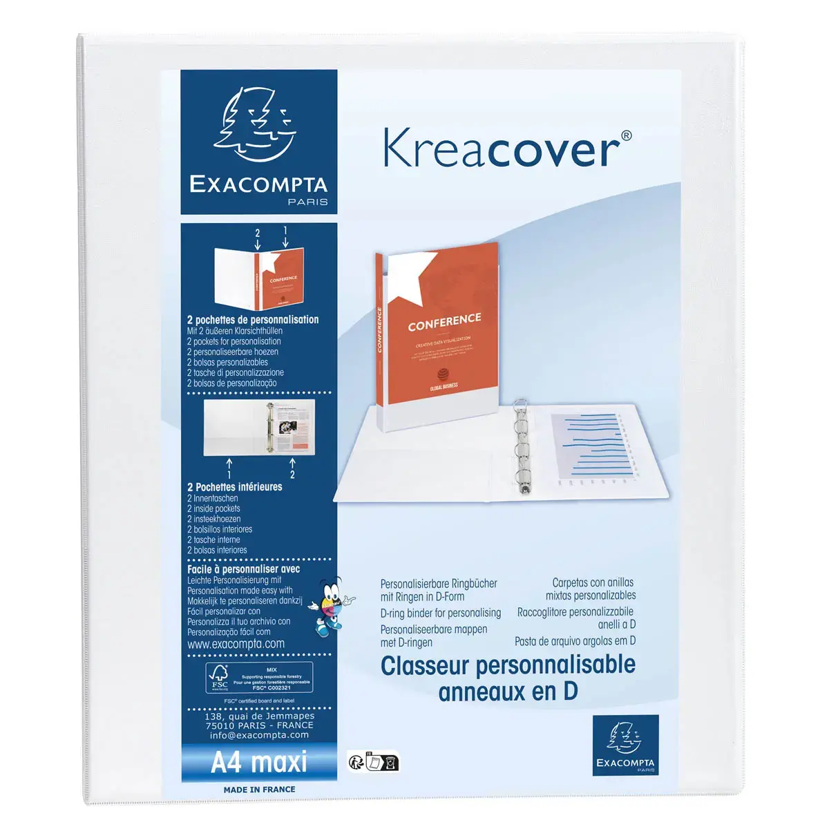 Classeur PP personnalisable Kreacover - 4 anneaux en D 25mm - A4 maxi - Blanc - EXACOMPTA 