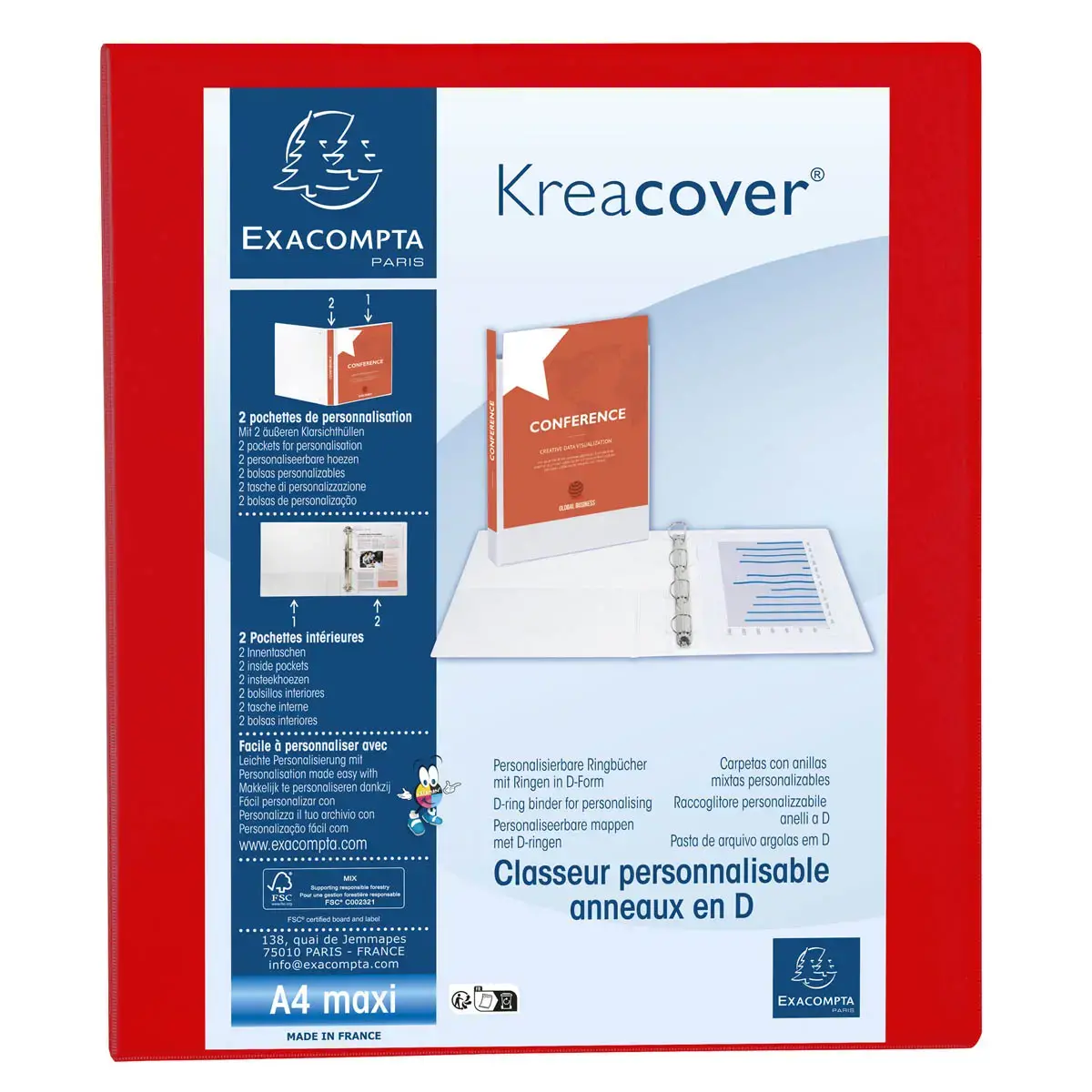 Classeur PP personnalisable Kreacover - 4 anneaux en D 25mm - A4 maxi - Rouge - EXACOMPTA 