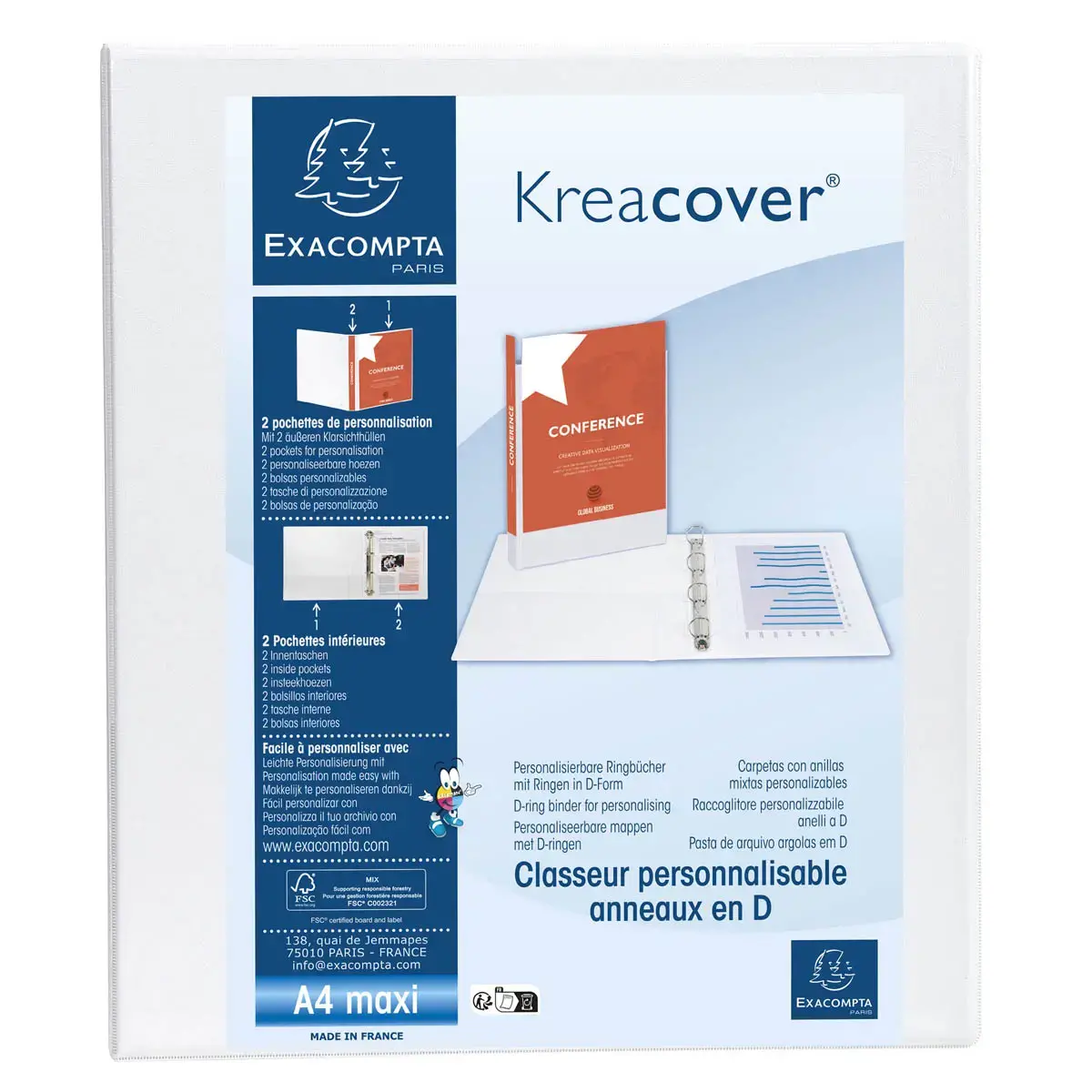 Classeur personnalisable rigide 2 poches KreaCover&reg; - 2 anneaux en D 40mm - A4 maxi - Blanc - EXACOMPTA 