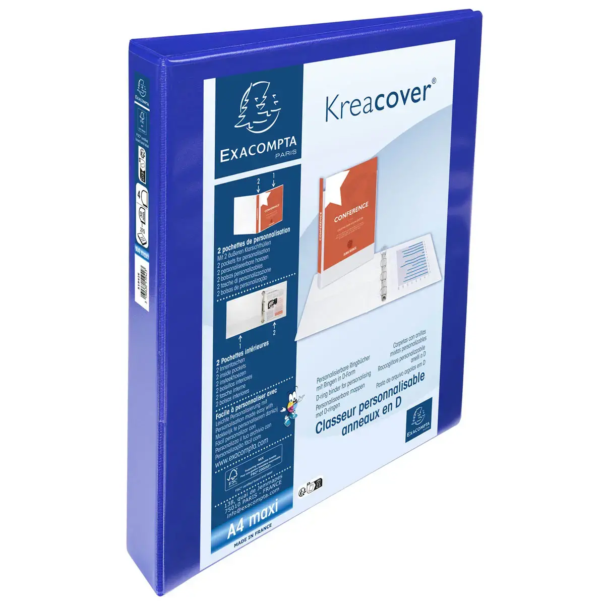 Classeur personnalisable rigide 2 poches KreaCover® - 4 anneaux en D 30mm - A4 maxi - Bleu - EXACOMPTA