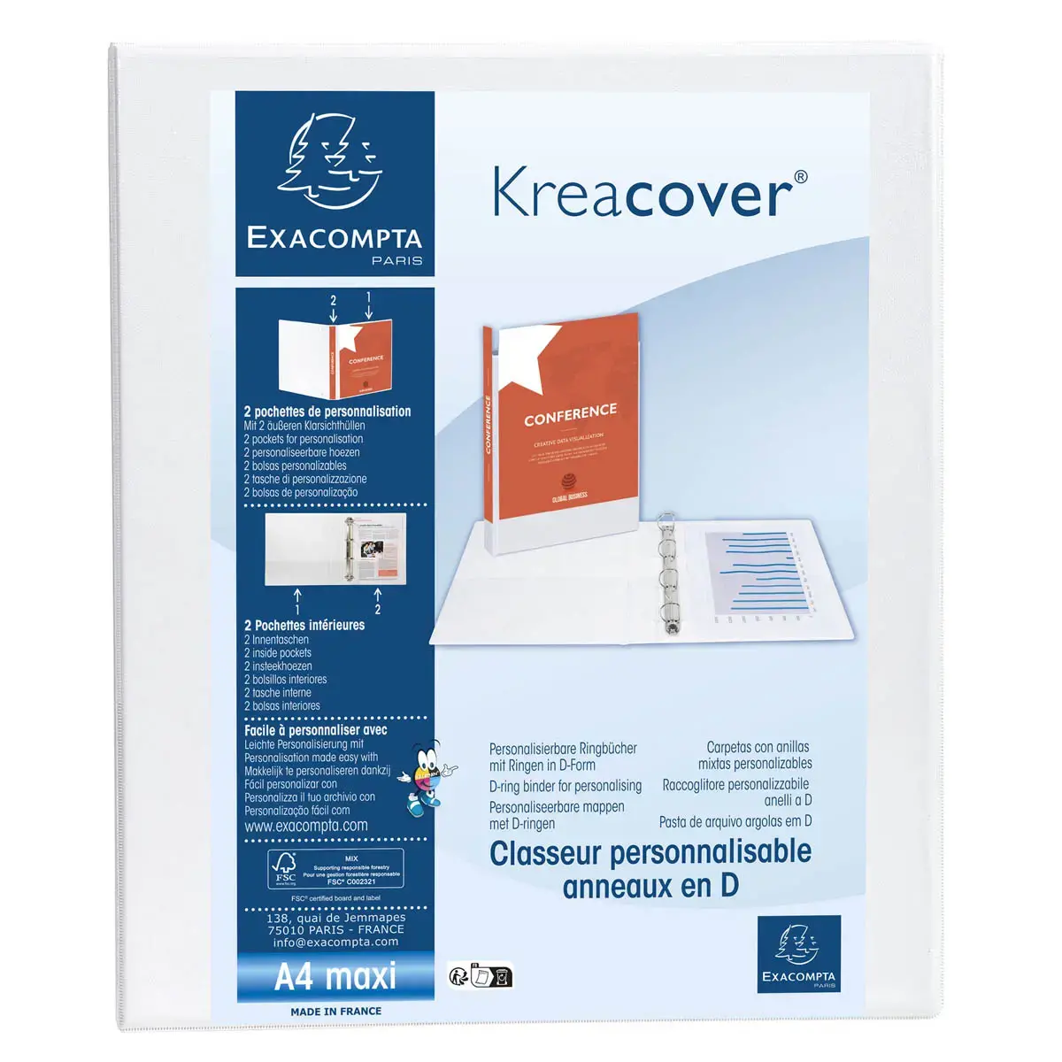 Classeur personnalisable rigide 2 poches KreaCover&reg; - 4 anneaux en D 30mm - A4 maxi - Blanc - EXACOMPTA 