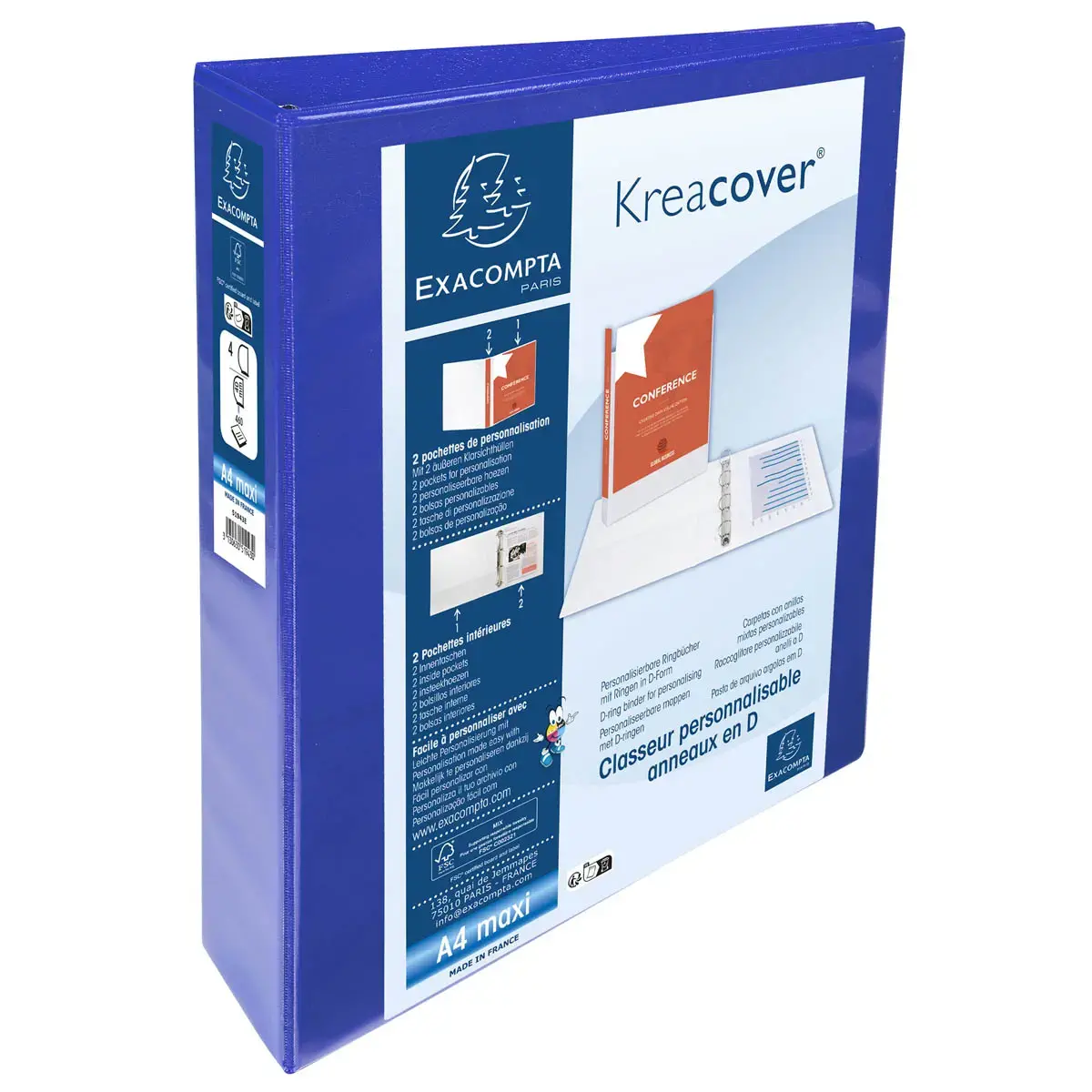 Classeur personnalisable rigide 2 poches KreaCover® - 4 anneaux en D 40mm - A4 maxi - Bleu - EXACOMPTA