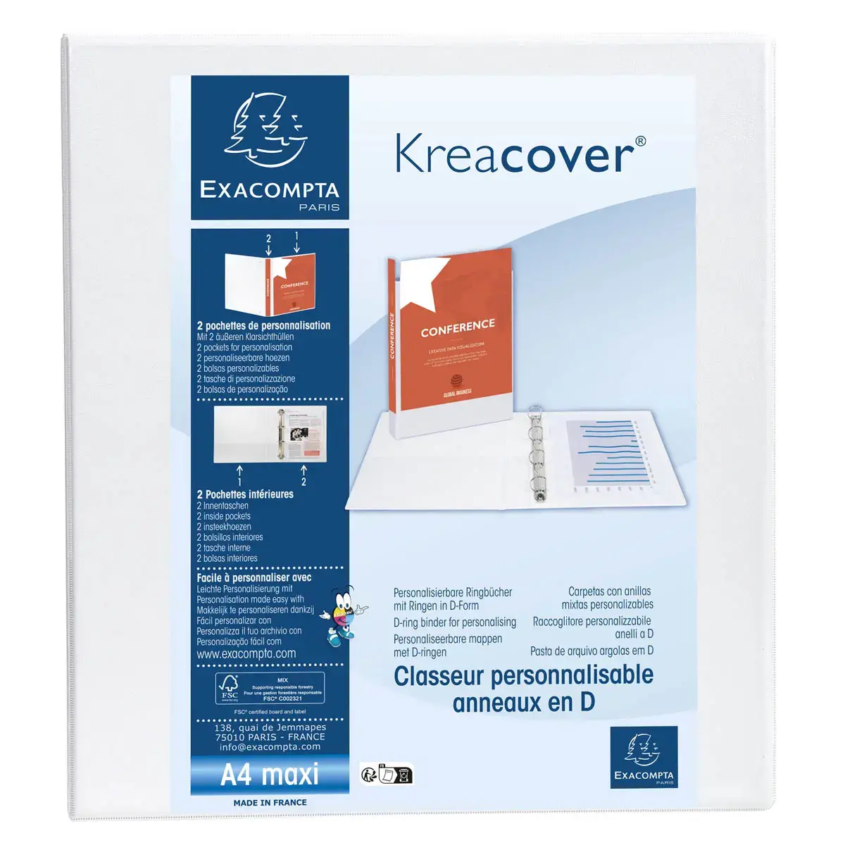 Classeur PP personnalisable Kreacover - 4 anneaux en D 50mm - A4 maxi - Blanc - EXACOMPTA 