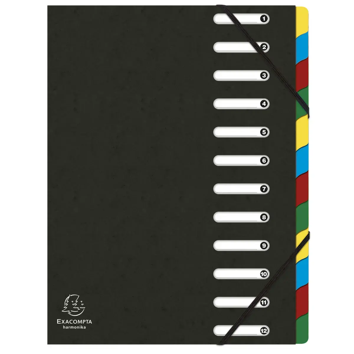 Trieur HARMONIKA® à fenêtres avec élastiques véritable carte lustrée 12 compartiments - Noir - EXACOMPTA
