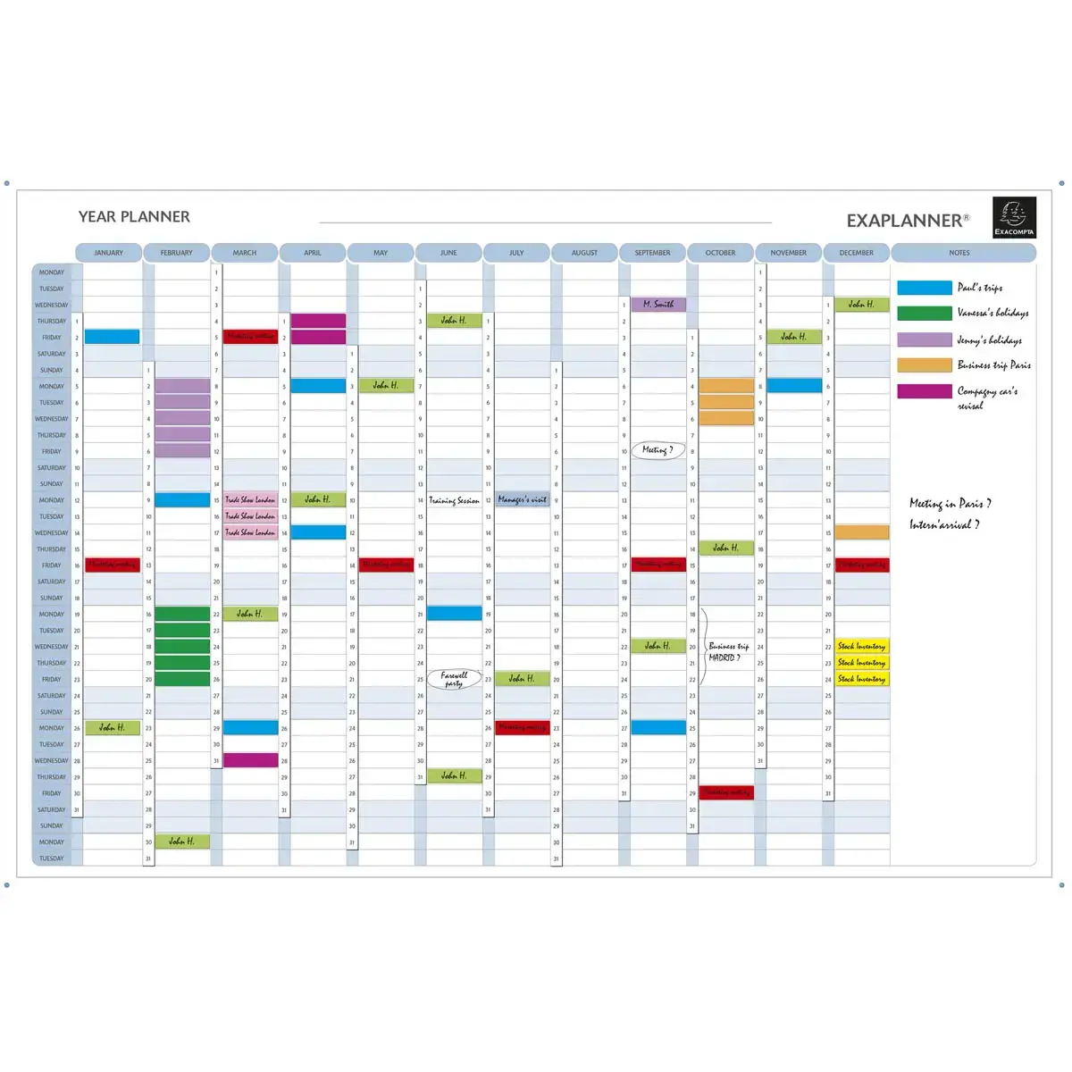 Planning magn&eacute;tique annuel - textes en anglais - Blanc - EXACOMPTA 