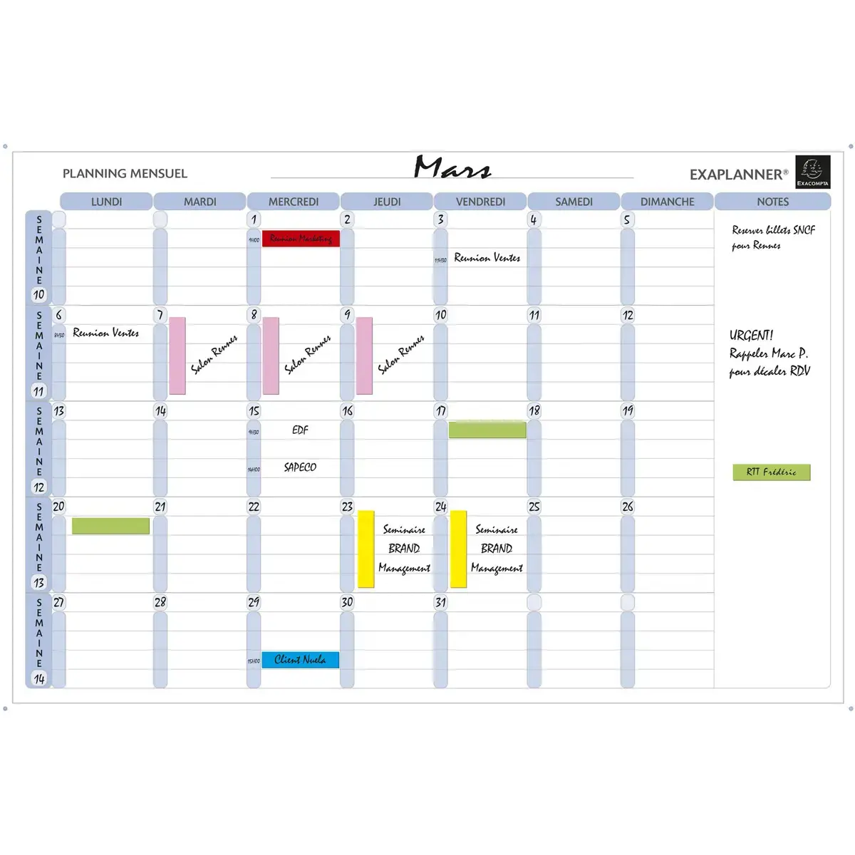 Planning magn&eacute;tique mensuel - textes en fran&ccedil;ais - Blanc - Exacompta 