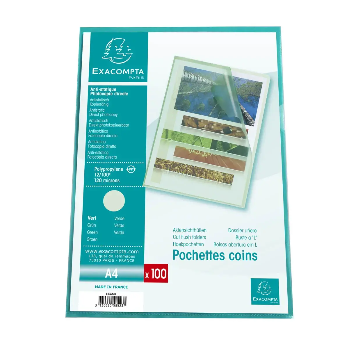 Sachet de 100 pochettes coin A4 en polypropyl&egrave;ne grain&eacute; standard - Vert - Exacompta 