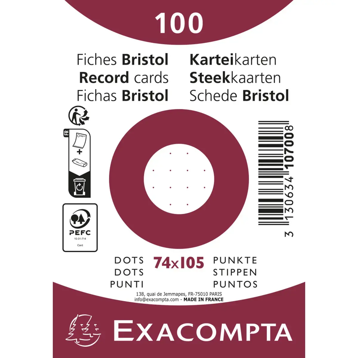 100 F.Bristol 74 x 105 blanc dots /s film - Exacompta