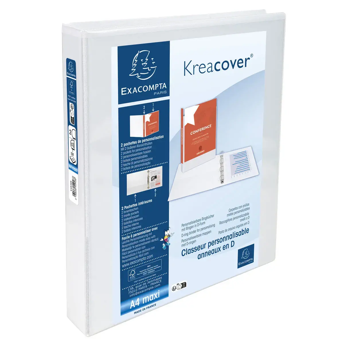Classeur personnalisable KreaCover 2 anneaux 25 mm 2 poches - Blanc - Exacompta