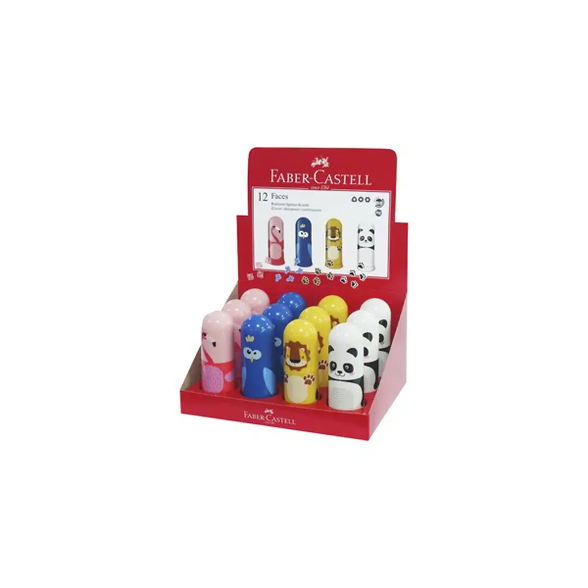 12 FABER-CASTELL Combi gomme - taille-crayon Faces, présentoir