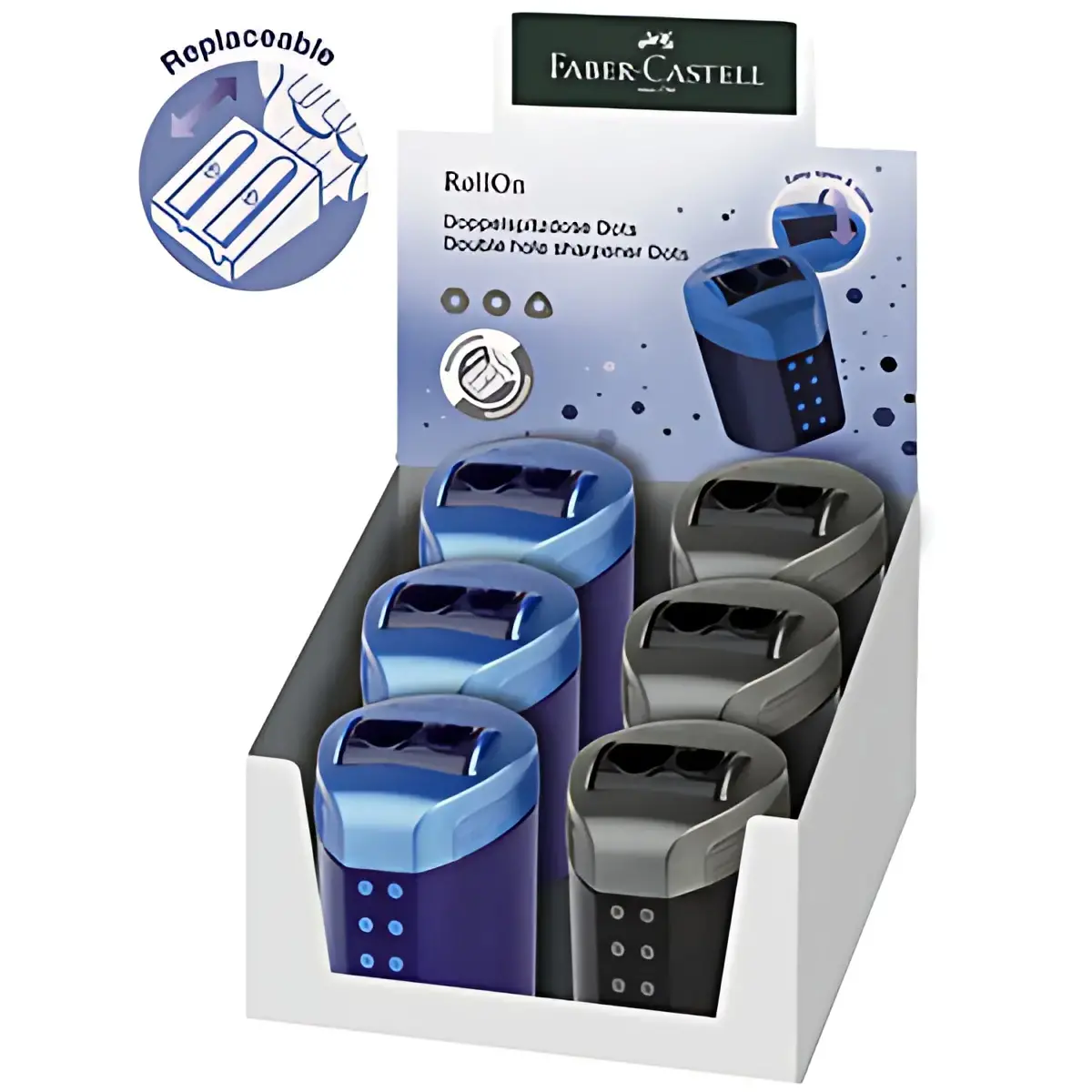 6 FABER-CASTELL Taille-crayon double RollOn DOTS, pr&eacute;sentoir 