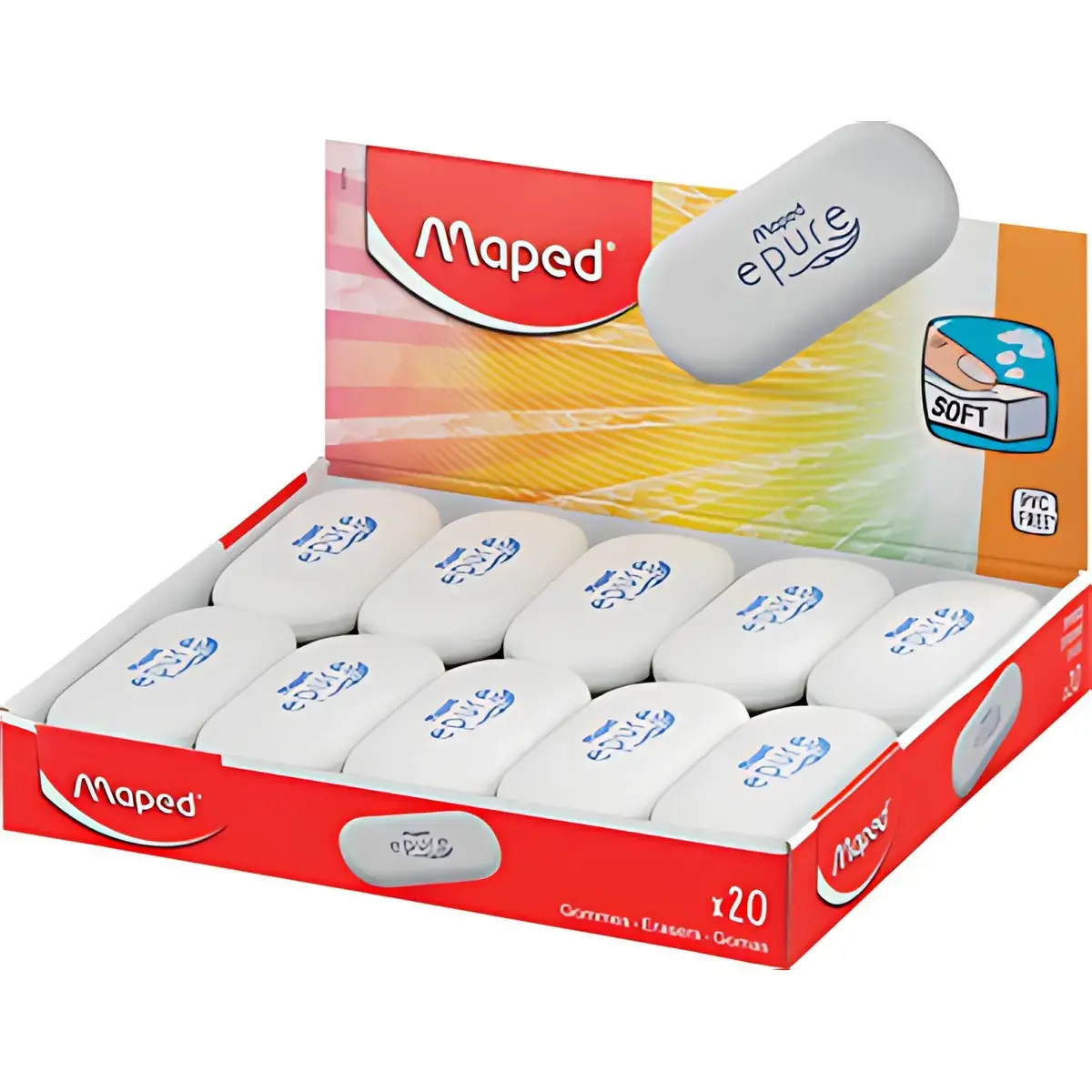 20 MAPED Gomme plastique Epure, ovale, blanc, présentoir de 20