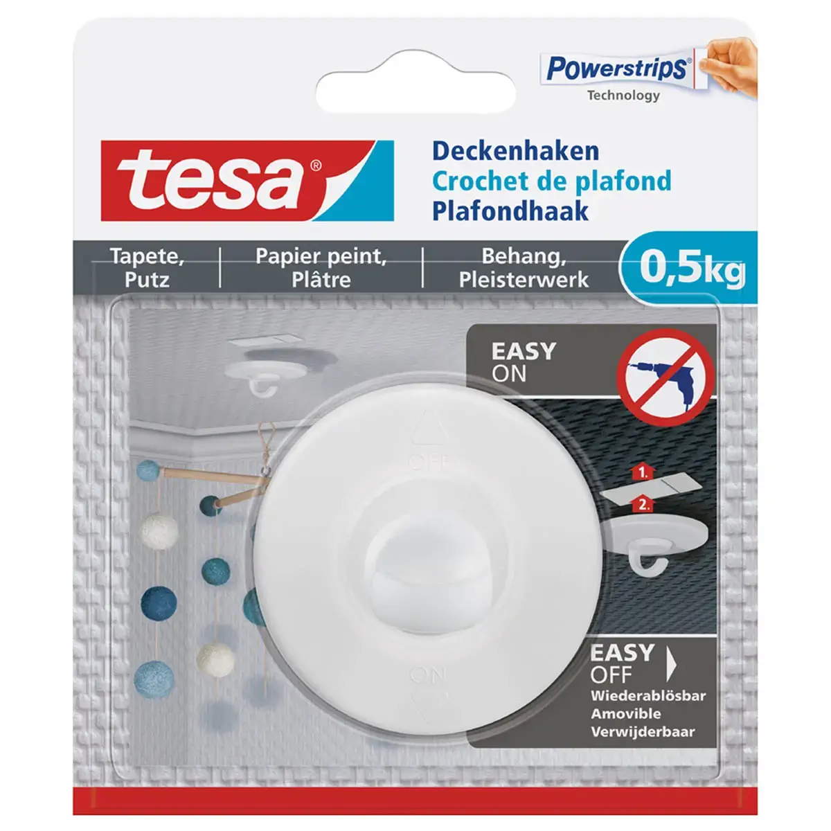 Crochet fixation plafond, 0,5 kg - Tesa