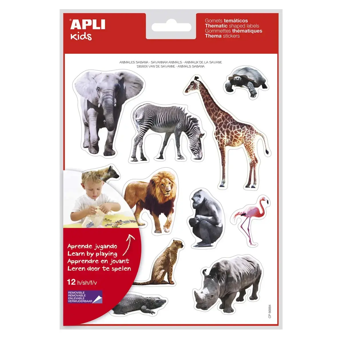 Gommettes thématiques réalistes Les animaux de la savane 12 feuilles - Apli