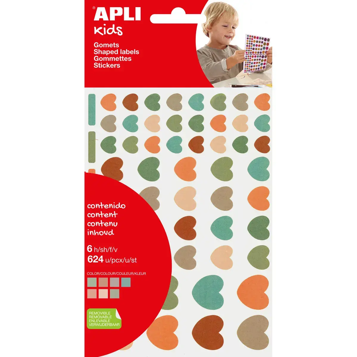 Gommettes coeurs enlevables couleurs Vintage 6 feuilles - Apli