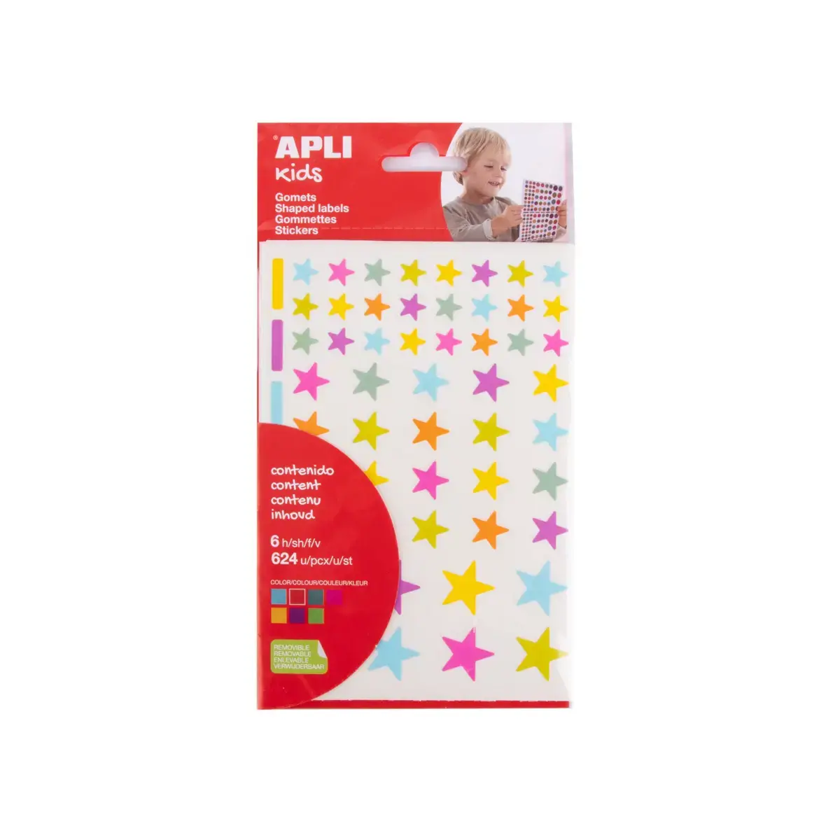 Gommettes étoiles enlevables aux couleurs Peps 6 feuilles - Apli