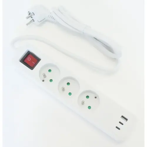 Stekkerdoos met 3 stopcontacten en USB - 4 meter kabel - Met schakelaar 