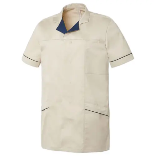KORTE MOUWEN HERENTUNIEK MET BLAZERKRAAG ALEXIS &ndash; BEIGE NAVY &ndash; Maat 6 