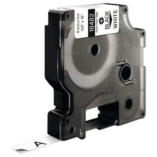 Permanente tape voor labelmaker RHINO 9mm achtergrond wit zwarte inkt