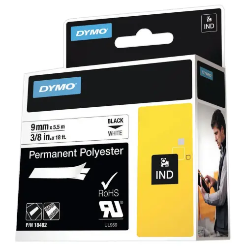 Permanente tape voor labelmaker RHINO 9mm achtergrond wit zwarte inkt