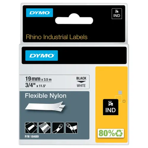 Permanente tape voor labelmaker RHINO 9mm achtergrond wit zwarte inkt