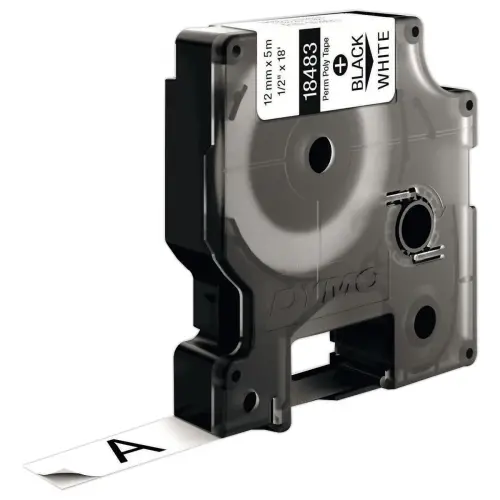 Permanente tape voor labelmaker RHINO 12mm achtergrond wit zwarte inkt