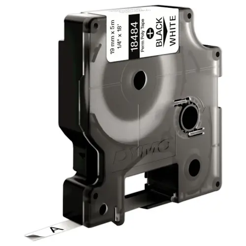 Permanente tape voor labelmaker RHINO 19mm achtergrond wit zwarte inkt