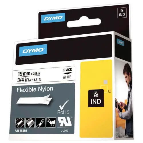Nylon tape voor labelmaker RHINO 19mm achtergrond wit zwarte inkt