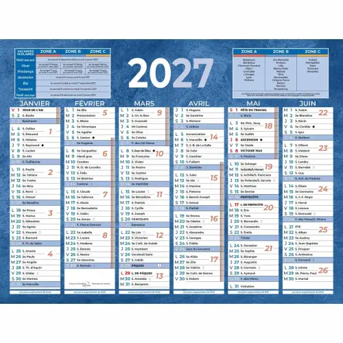 Blauwe bankkalender 12 maanden - 17,5 x 13,5 cm - BOUCHUT GRANDREMY 