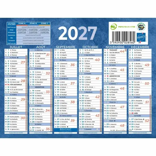 Blauwe bankkalender 12 maanden - 17,5 x 13,5 cm - BOUCHUT GRANDREMY 