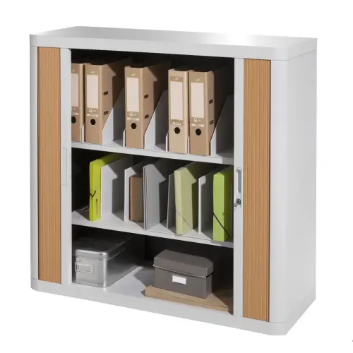Lage roldeurkast Easyoffice - Grijs en beuk- PAPERFLOW