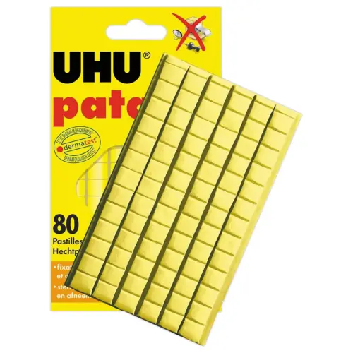 Verpakking van 80 zelfklevende pads van Patafix - Geel - UHU
