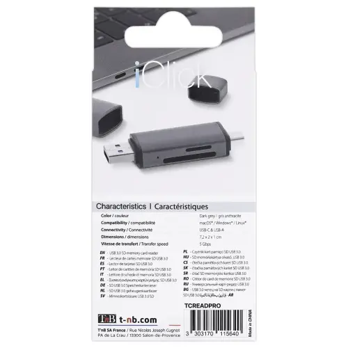 Kaartlezer 3 poorten USB 3.0 - Aluminium - T'NB 