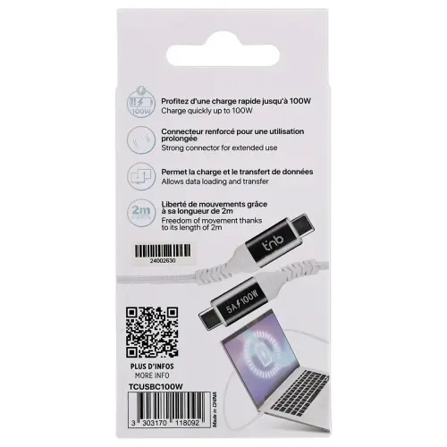 100W 2m USB-C/USB-C-kabel - Gevlochten - Wit - T'NB