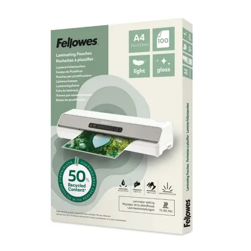 100 glanzende gelamineerde A4-hoesjes - 80 micron - FELLOWES 