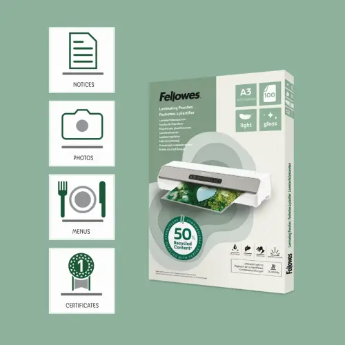 100 Plastificatiehoezen - A3 - Gerecycleerd - FELLOWES