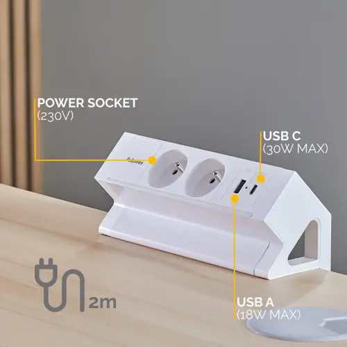 Elektrificatie-eenheid - Power Desk 2 - USB-A & USB-C - Wit - FELLOWES