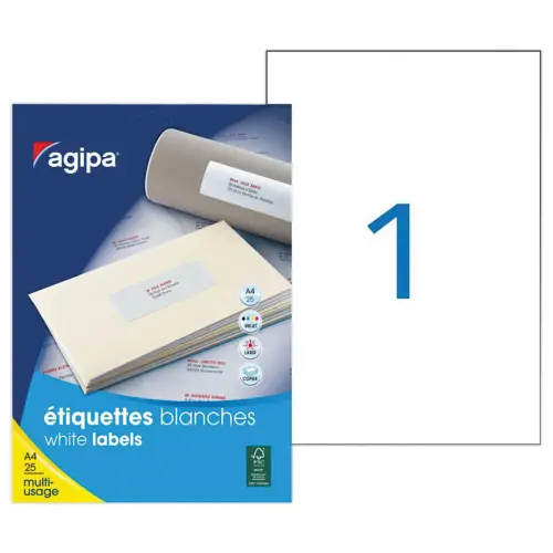 25 vellen etiketten 210 x 297 mm, dus 25 etiketten per doos
