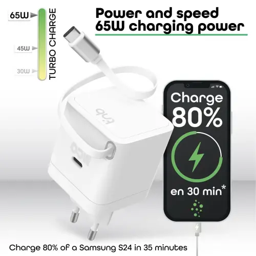 GAN-lader 3 USB 65W + kabel