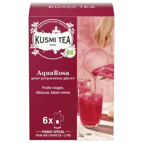 Doos met 6 grote biologische AquaRosa infusiezakjes van Kusmi Tea