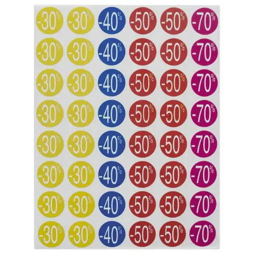 5 vellen van 48 etiketten met korting van 30% tot 70% - assorti