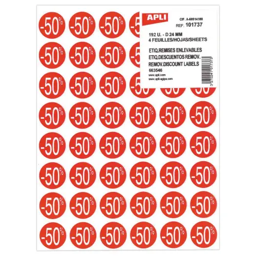 4 vellen van 48 etiketten - "-50%" - Rood - APLI