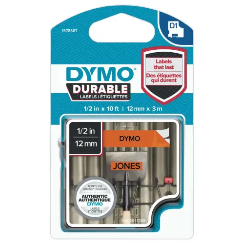 Tape D1 Duurzaam Zwart / oranje 12 mm x 3 M