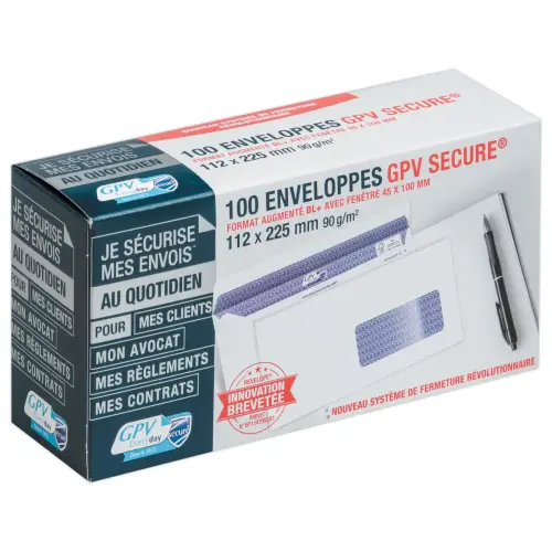 100 Witte Secure enveloppen - 112x225 mm - Venster 45X100 mm - 90g - GPV